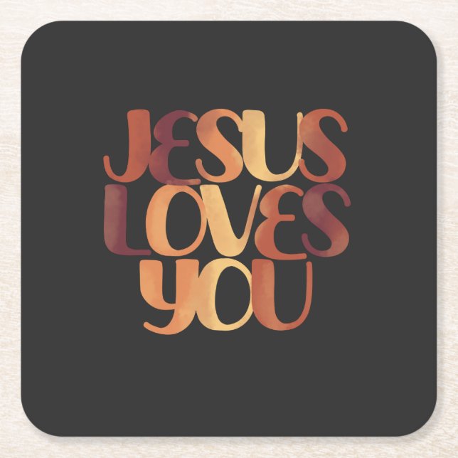 Jesus Loves Christian Typography Design  Square Paper Coaster (Front)