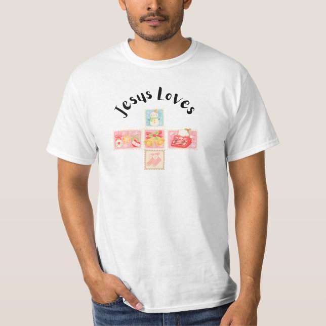 Jesus Loves" Cute Christian Christmas Stamps  T-Shirt (Front)