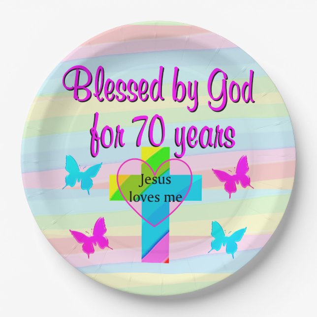 JESUS LOVES ME 70TH BIRTHDAY PAPER PLATES (Front)