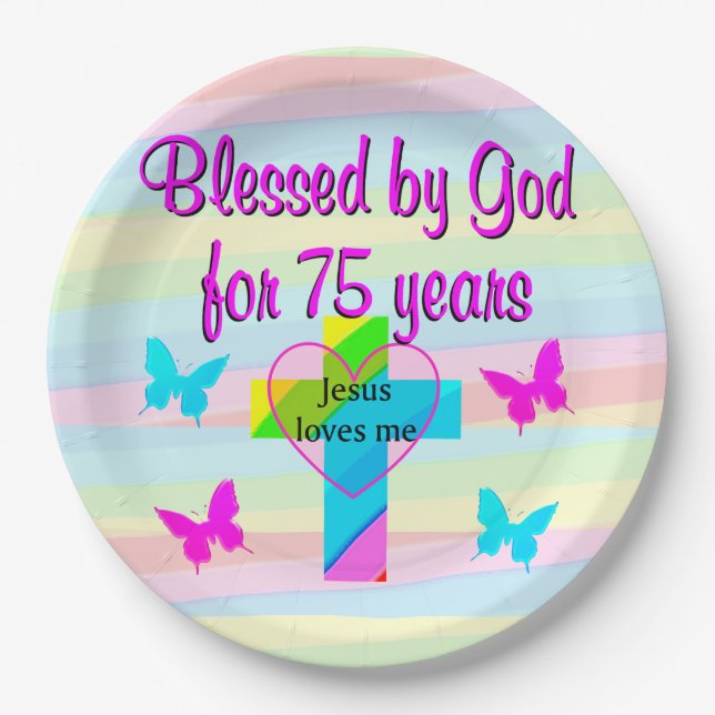 JESUS LOVES ME 75TH BIRTHDAY PAPER PLATES (Front)