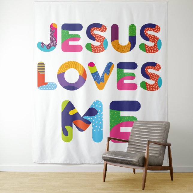 Jesus Loves Me Colourful Text Art Tapestry (In Situ)