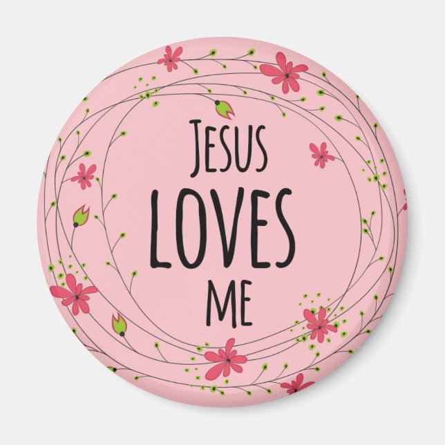 Jesus Loves Me Cross Wreath Floral Pink Magnet (Front)