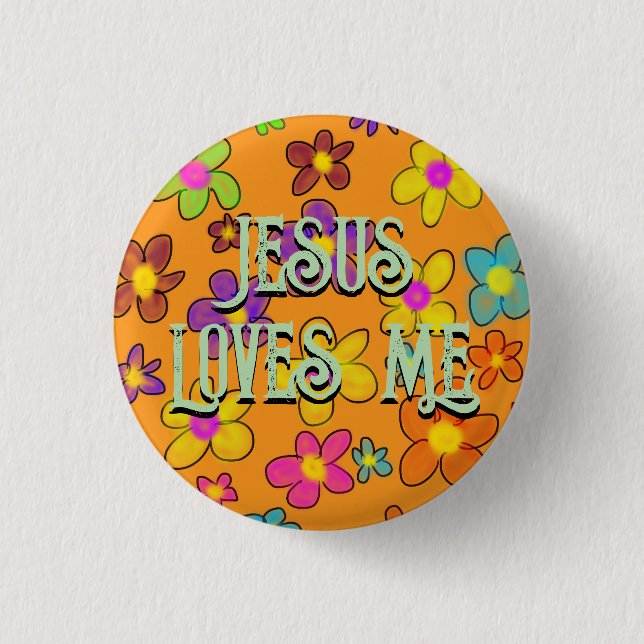 Jesus Loves Me Cute Retro Flower Pattern Orange 3 Cm Round Badge (Front)