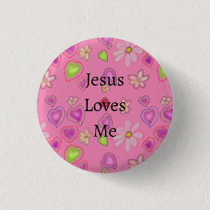 Jesus Loves Me Floral Hearts Pink 3 Cm Round Badge
