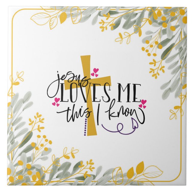 Jesus Loves Me This I Know Cross and Flowers Tile (Front)