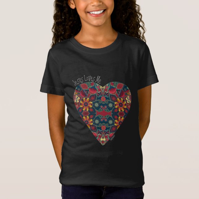 Jesus Loves Me Vintage Patterned Heart T-Shirt (Front)