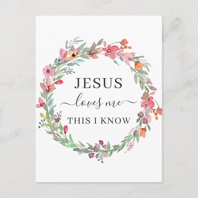Jesus Loves Me Watercolor Floral Wreath Poster Postcard (Front)