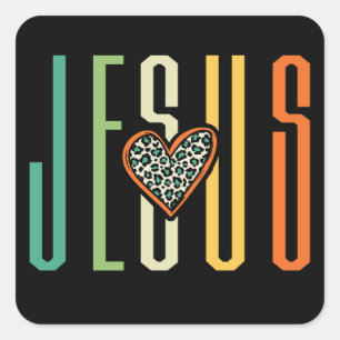 Jesus Loves Retro Heart Square Sticker