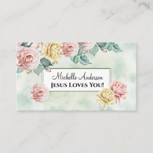 Jesus Loves You! Beautiful Pink Roses, Floral Business Card