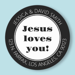 Jesus Loves You! Black & White Return Address Classic Round Sticker