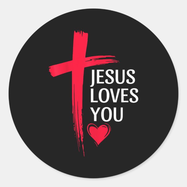 Jesus Loves You Christian Love Cross Heart Design  Classic Round Sticker (Front)