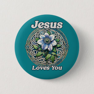 Jesus Loves You Clematis Art                       6 Cm Round Badge