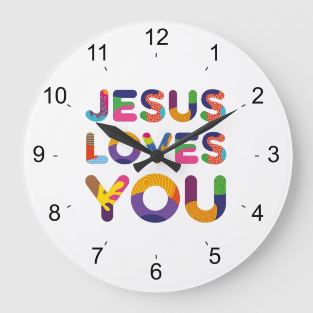 Jesus Loves You Colourful Decorative Text Art Large Clock (Front)