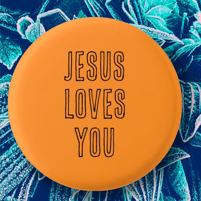 Jesus Loves You Customise Orange & Black Modern 3 Cm Round Badge (Cute orange button with black modern script says "Jesus loves You" great Christian faith church gift)
