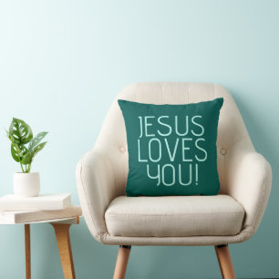 Jesus loves you   Green & light teal Cushion