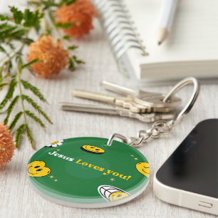 "Jesus Loves You" Green Smiley For Church Goers Key Ring