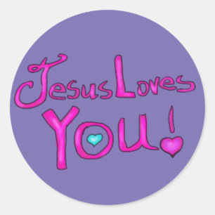 Jesus Loves You Pink Purple with Heart  Classic Round Sticker