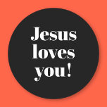 Jesus loves you! | Retro-modern type style Classic Round Sticker<br><div class="desc">He does,  he does!</div>
