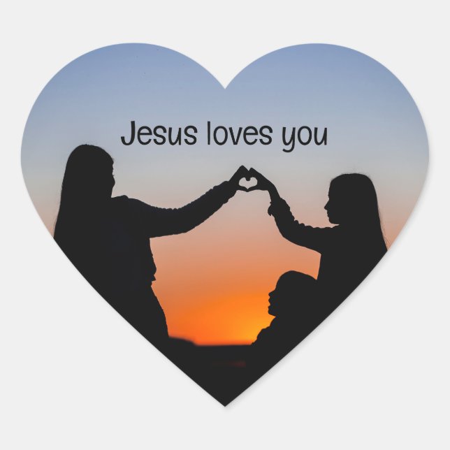 Jesus Loves You Sunset Heart Sticker (Front)