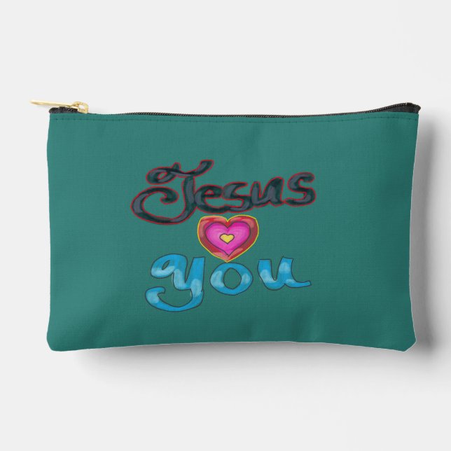 ‘Jesus Loves You’ Turquoise  Accessory Pouch (Front)