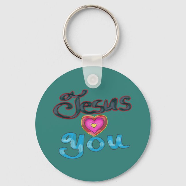 ‘Jesus Loves You’ Turquoise Custom Name  Key Ring (Front)