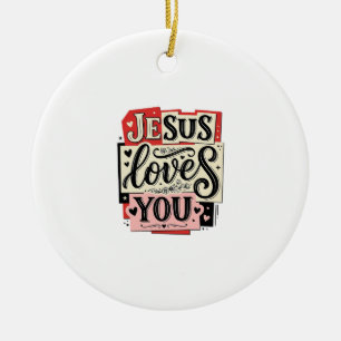 Jesus Loves You Vintage Engraving Christian Typogr Ceramic Tree Decoration