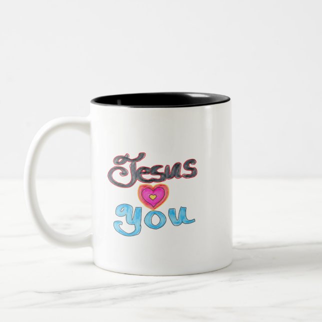 Jesus Loves You with Pink Heart  Two-Tone Coffee Mug (Left)
