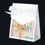 JESUS many names Favour Box<br><div class="desc">A beautiful Pink ribbon and White favour gift box that has the many names of JESUS CHRIST written on it. This is ideal gift box can be used for Weddings and other Celebrations like Christmas (Jesus' birthday) or for birthdays,  Amen!</div>