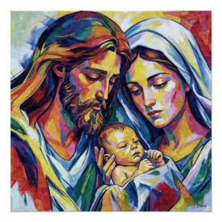 Jesus Mary and Joseph expressionist oil painting Poster