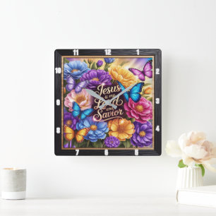 Jesus My Lord Saviour Flowers Square Wall Clock