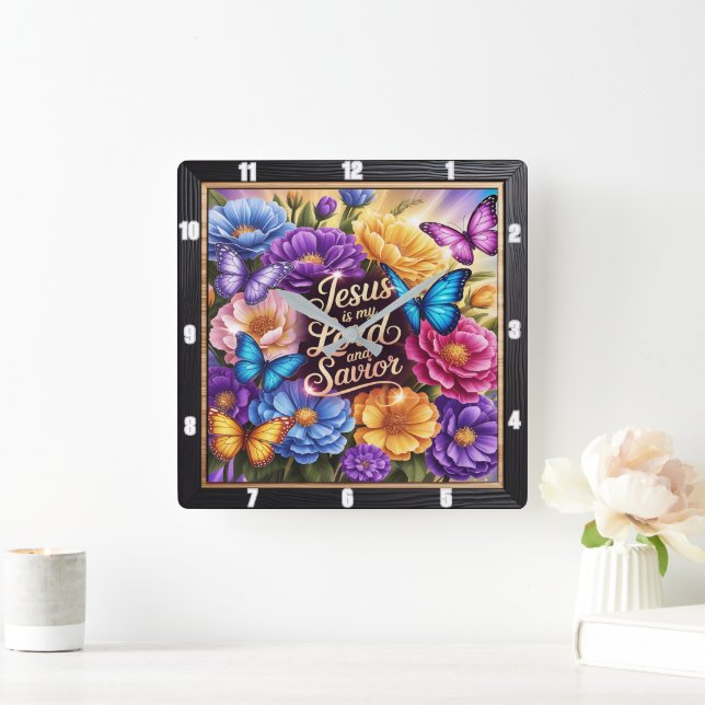 Jesus My Lord Saviour Flowers Square Wall Clock (Home)