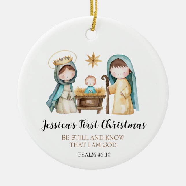 Jesus Nativity Scene Bible Verse First Christmas Ceramic Tree Decoration (Front)