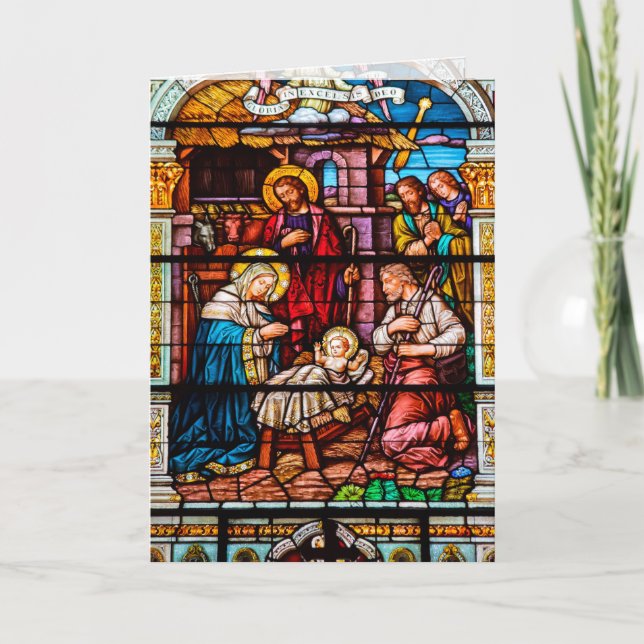 Jesus Nativity Scene in Stained Glass Holiday Card (Front)