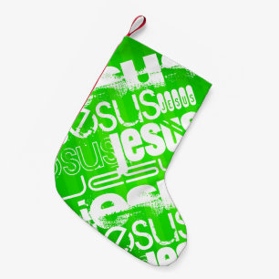 Jesus; Neon Green Stripes Small Christmas Stocking