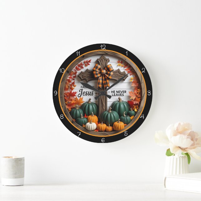 Jesus Never Leaves Fall Christian Decor Large Clock (Home)