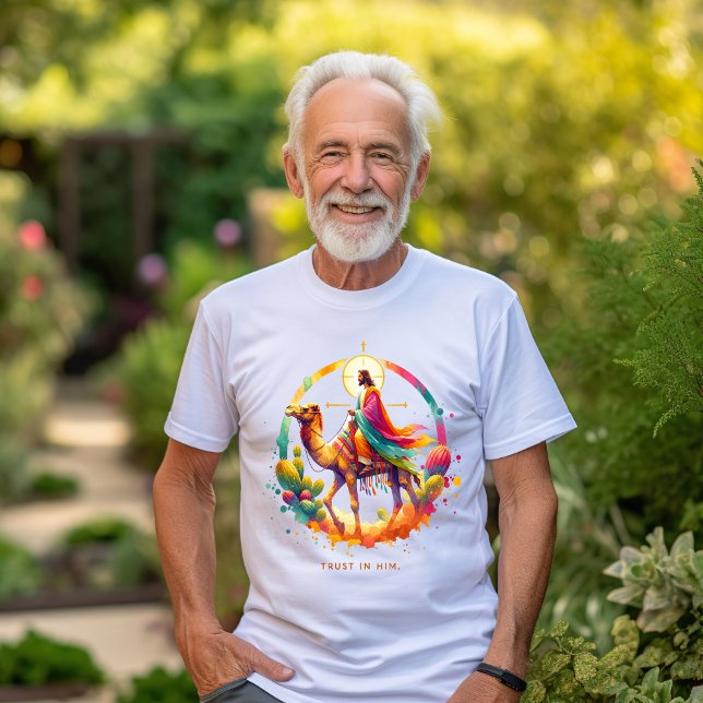 Jesus on a camel in a vibrant desert landscape T-Shirt (Creator Uploaded)