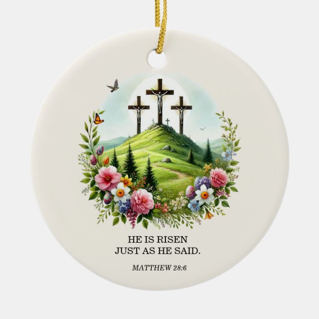 Jesus on Cross He is Risen Easter Ceramic Tree Decoration (Front)