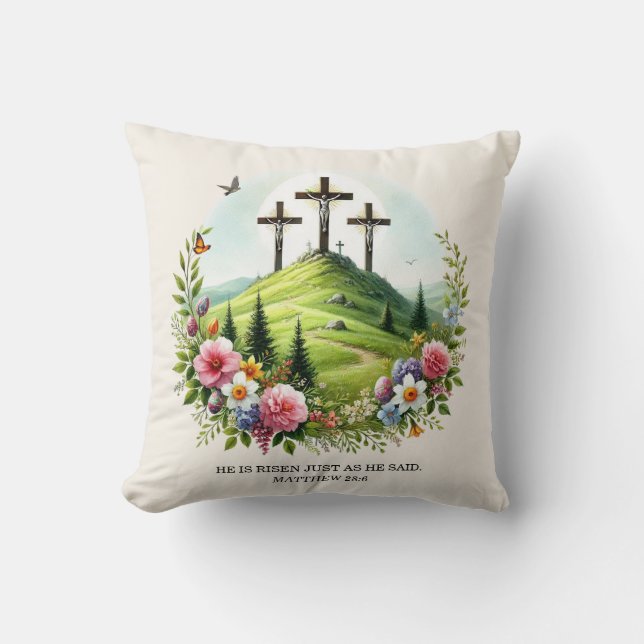 Jesus on Cross He is Risen Easter Cushion (Front)