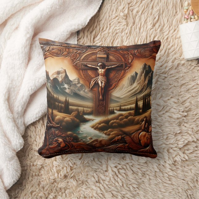 Jesus on the Cross in Serene Mountain Landscape Cushion (Blanket)