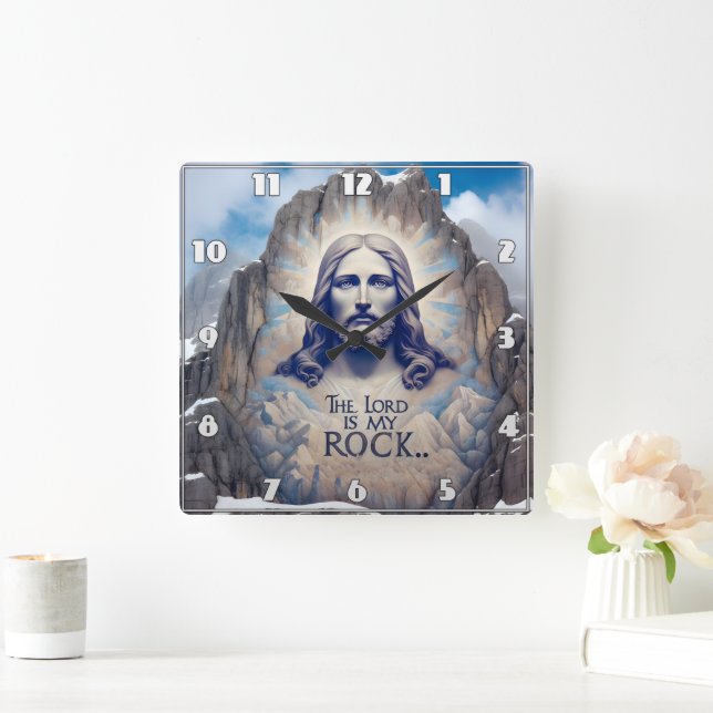 Jesus on the Mountain: The Lord Is My Rock Square Wall Clock (Home)