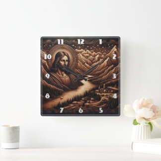 Jesus Overlooking Serene Mountain Valley Landscape Square Wall Clock