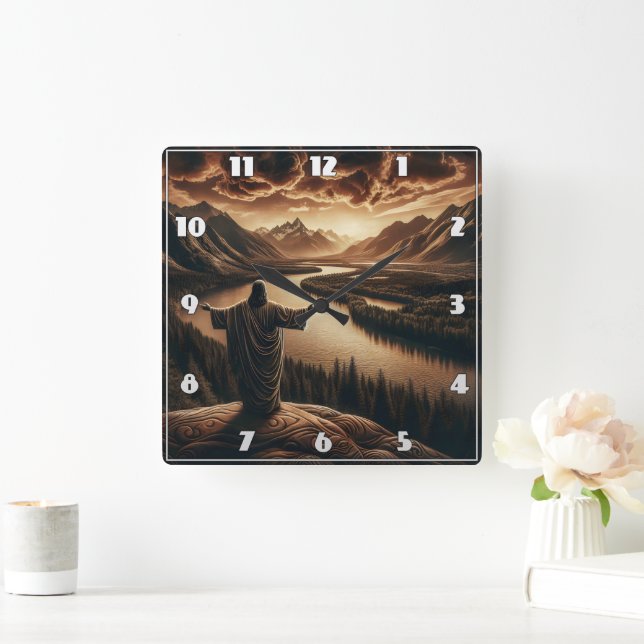 Jesus Overlooking the Serene River Valley at Dusk Square Wall Clock (Home)