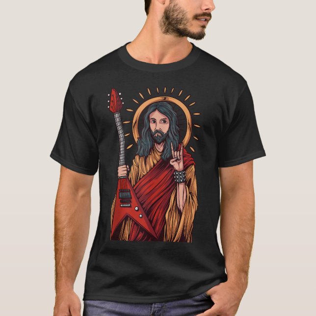 Jesus Playing Heavy Metal Guitar T-Shirt (Front)