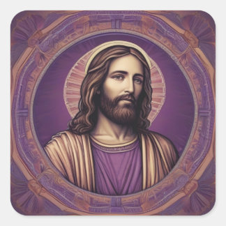 Jesus portrait in psychedelic purple shade square sticker