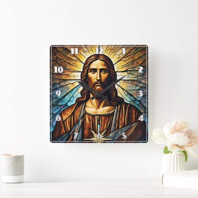 Jesus Portrait With Golden Aura in Stained Glass Square Wall Clock (Home)