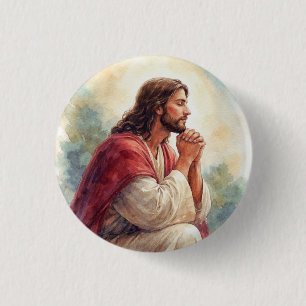 Jesus Praying Watercolor Art   Christian Faith  3 Cm Round Badge