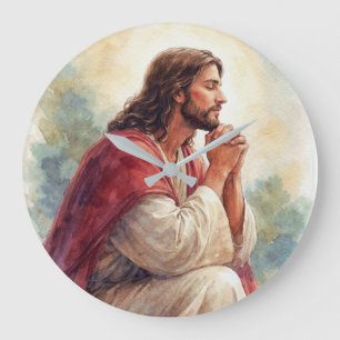 Jesus Praying Watercolor Art Christian Faith Large Clock
