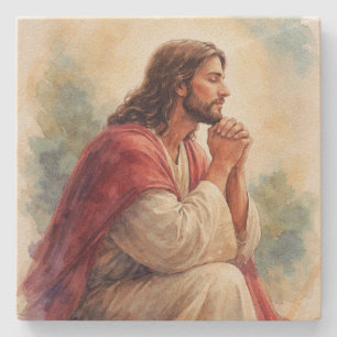 Jesus Praying Watercolor Art Christian Faith Stone Coaster