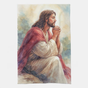 Jesus Praying Watercolor Art Christian Faith Tea Towel