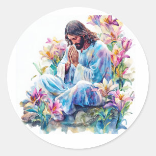 Jesus Praying Watercolor Catholic Religious Art Classic Round Sticker